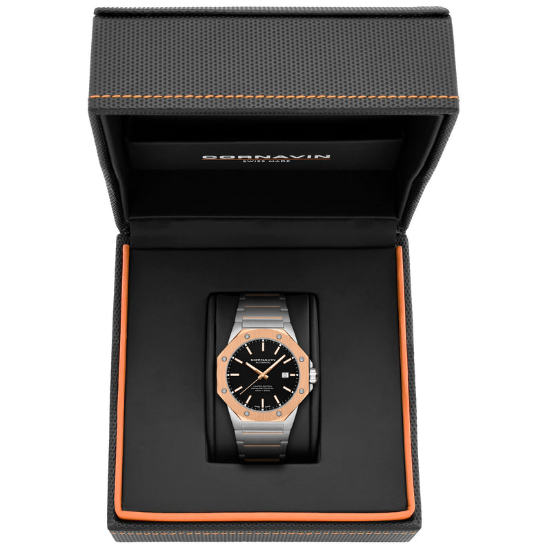 Downtown 3-H Automatic Swiss Made two-tone watch with black dial