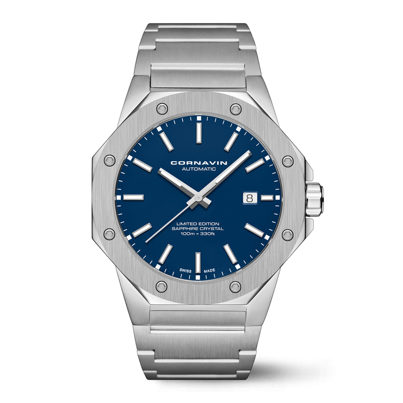 Downtown 3-H Automatic Swiss Made watch with blue dial