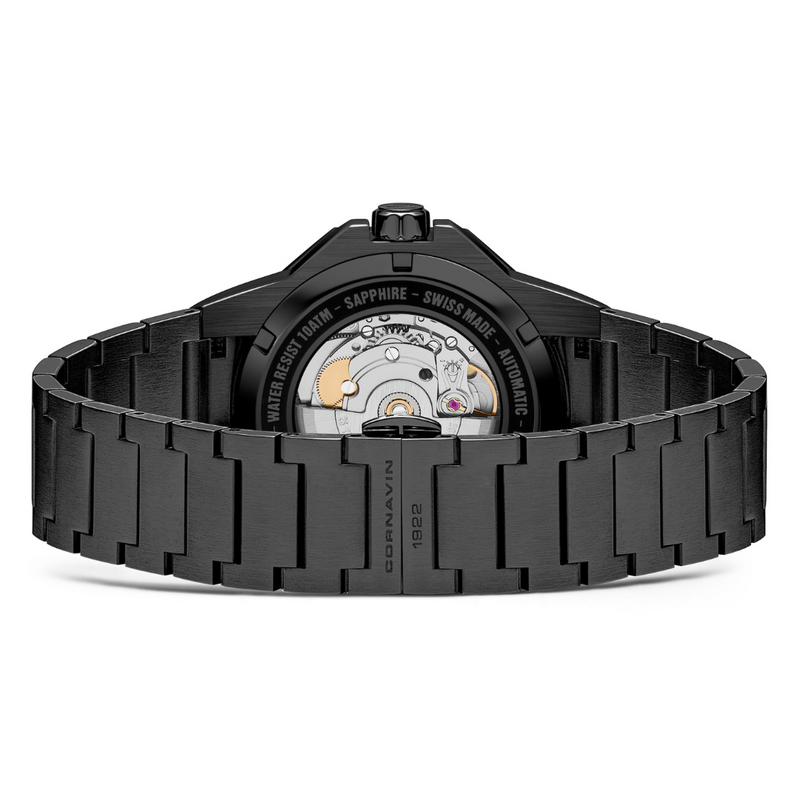 backview of cornavin downtown 3-h automatic all black pvd