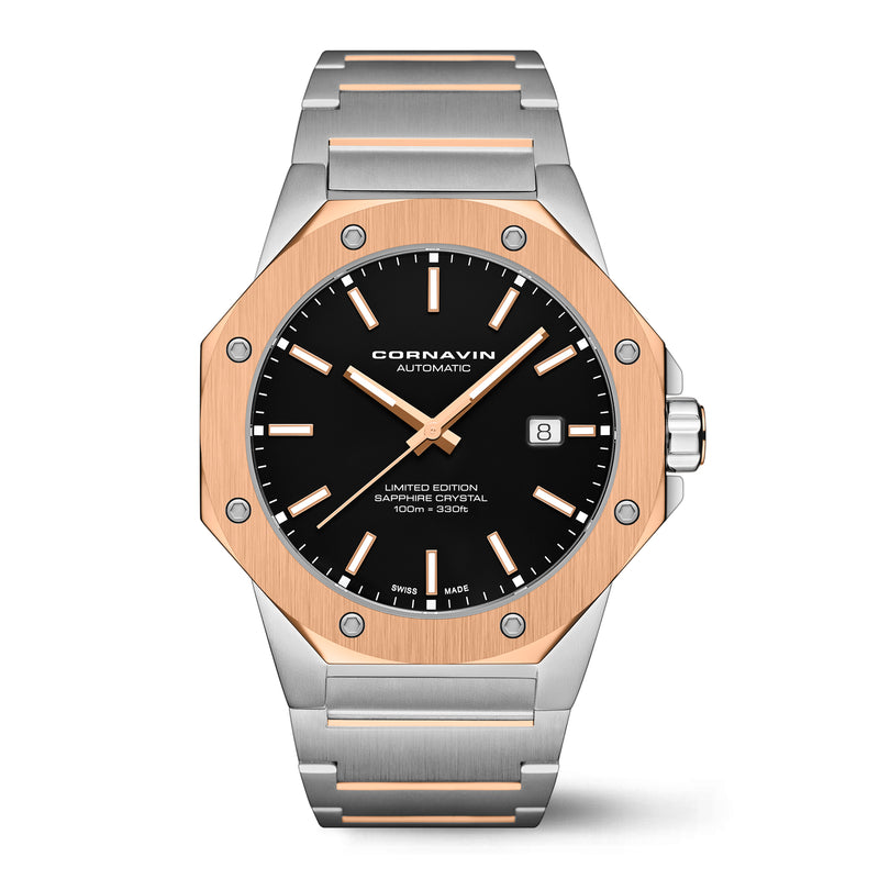 Downtown 3-H Automatic Swiss Made two-tone watch with black dial