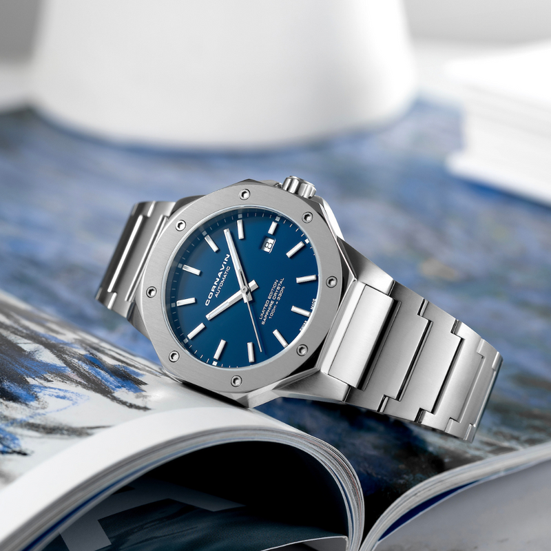 Downtown 3-H Automatic Swiss Made watch with blue dial